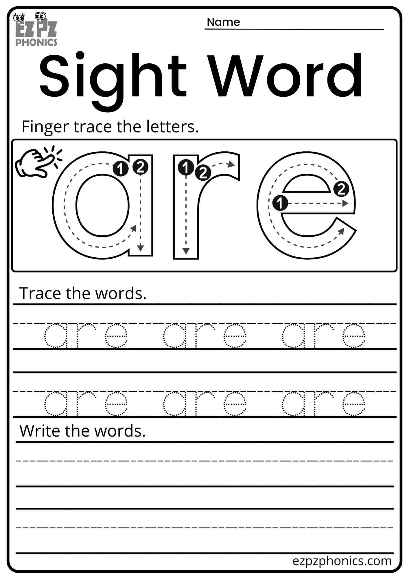 "Are" Dolch Kindergarten Sight Word Trace and Write Worksheet PDF Download